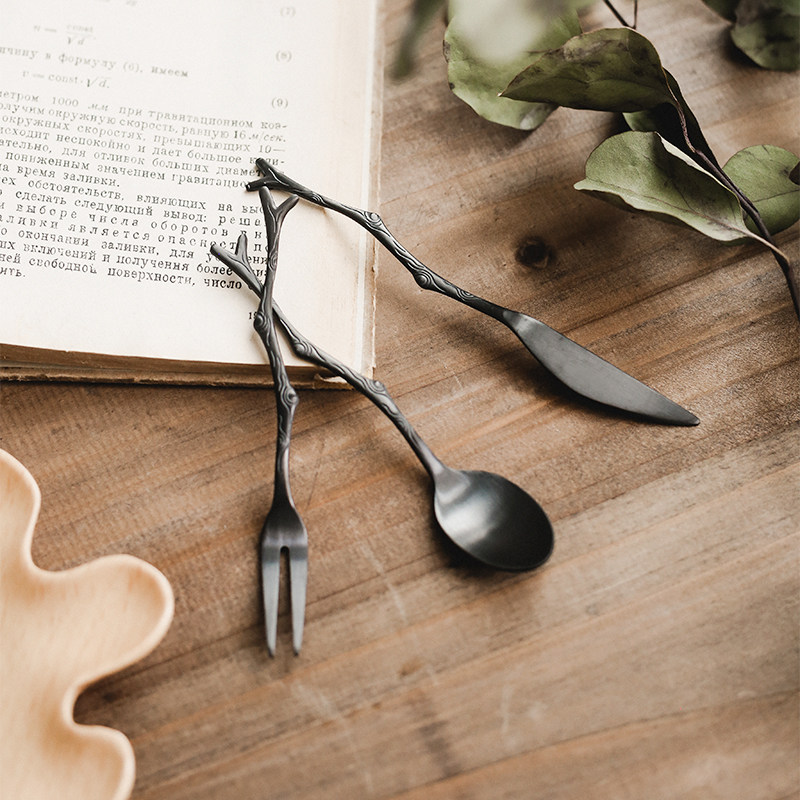 Vintage Collectible Spoons - ชุดช้อนส้อมสแตนเลสทรงกิ่งไม้สไตล์วินเทจญี่ปุ่น สำหรับผลไม้ ของหวาน อุปกรณ์ประกอบฉากถ่ายภาพ