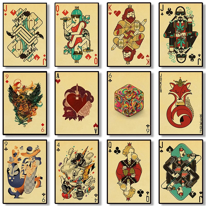 Vintage Collectible Playing Cards - นอร์ดิก คอลเลคชั่น โปสเตอร์คำคมการ์ดเล่นไพ่สำหรับตกแต่งผนังศิลปะเกมเมอร์ คาวาอิ ตกแต่งห้อง โปสเตอร์ผ้าใบวินเทจ