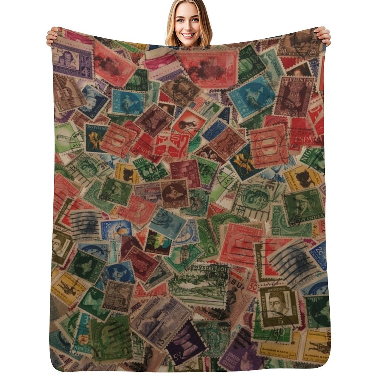 Collectible Vintage Postage Stamps - ผ้าห่มลายแสตมป์วินเทจ ผ้าห่มนุ่มอุ่นสำหรับห้องนั่งเล่น