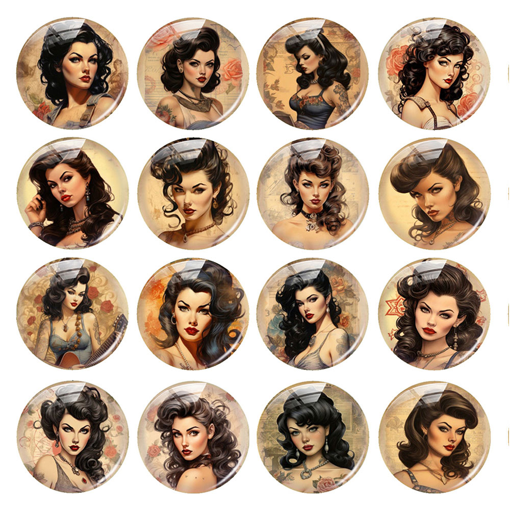 Vintage Collectible Item - คาโบชองแก้วรูปทรงกลม/วงรี/สี่เหลี่ยม ลายภาพผู้หญิงวินเทจสักลายดอกไม้ แบบสุ่ม สำหรับงาน DIY เครื่องประดับ