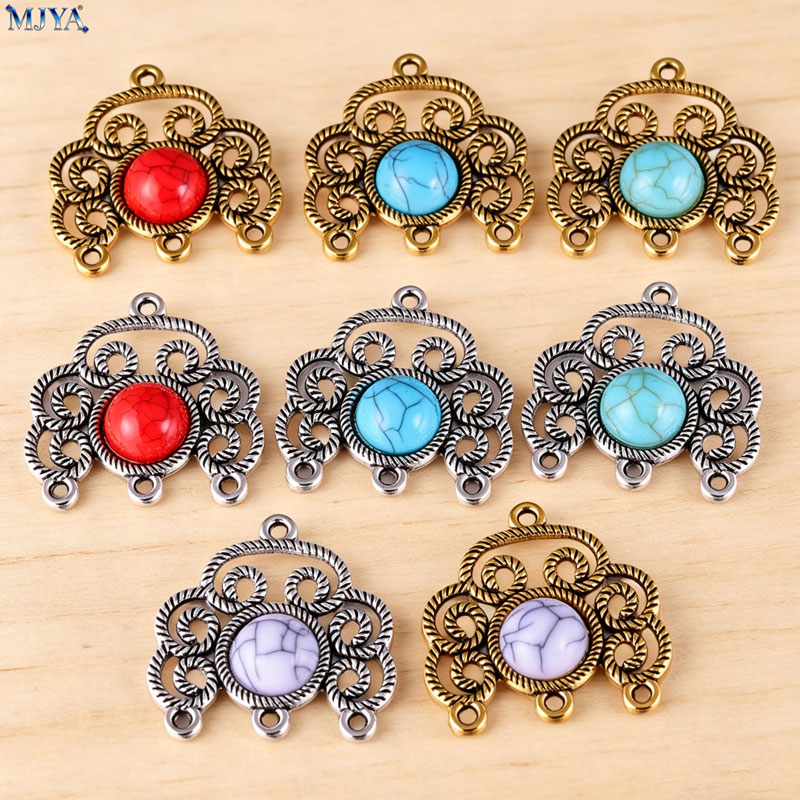Vintage Collectible Item - MJYA ชุด 5 ชิ้น/ล็อต ตัวเชื่อมโลหะผสมวินเทจสีเทอร์ควอยซ์ ลายดอกไม้แบบโปร่ง